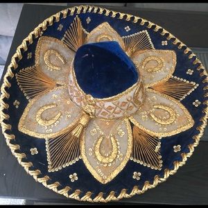 Vintage Pigalle Royal Blue Velvet Gold Mexican Sombrero Mariachi Hat